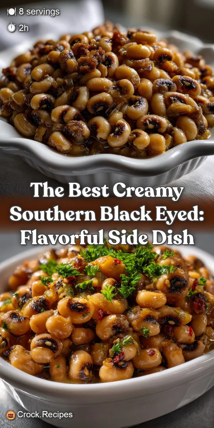 Close-up of steaming black-eyed peas, revealing a creamy, glistening texture. The dish's dark hues contrast with bright, f...
