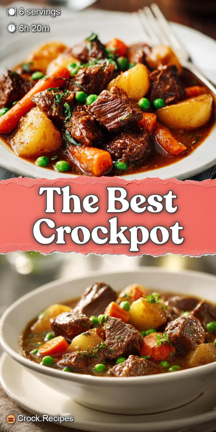 Close-up of beef stew showcasing tender chunks of beef and soft vegetables swimming in a deep, flavorful broth. Rustic and...