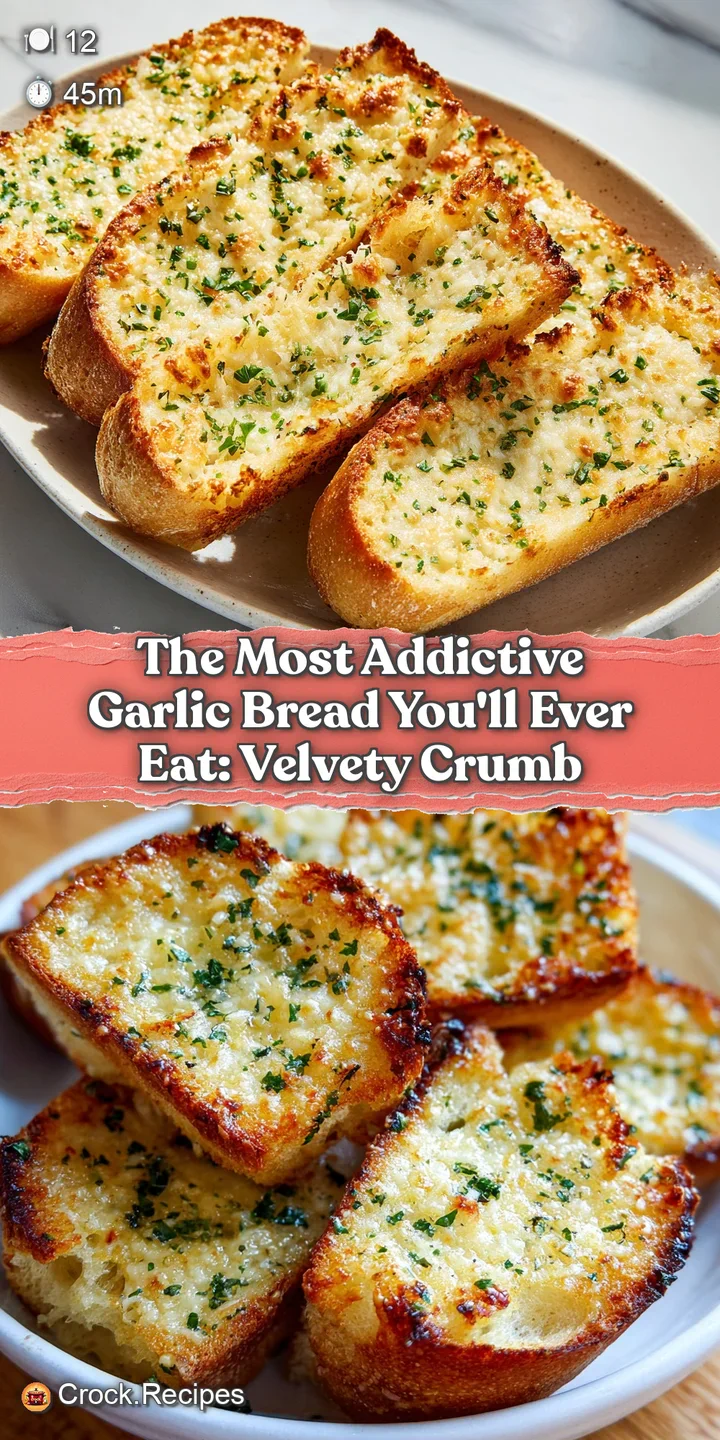 Close-up of golden-brown garlic bread: bubbly, melted butter pools over the textured, herb-flecked crust, promising intens...