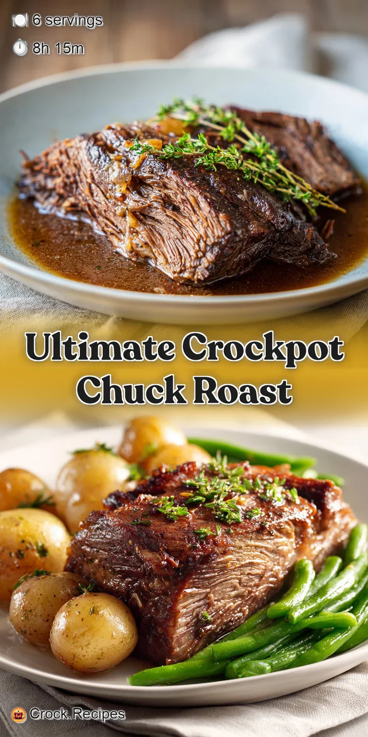 Juicy, fork-tender chuck roast glistening with flavorful gravy. Notice the beautiful marbling and browned edges of the beef.