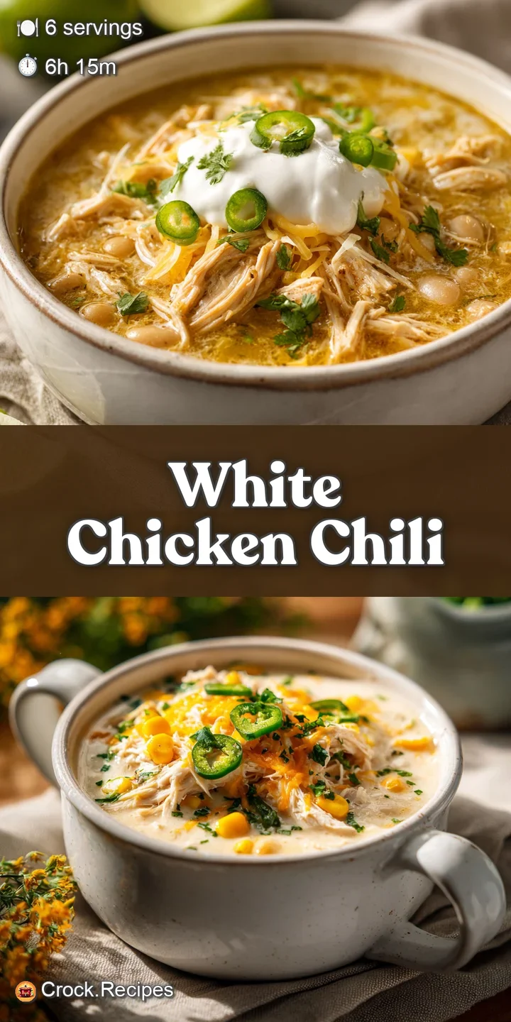 Close-up of steaming white chicken chili; tender shredded chicken visible in the thick, creamy broth, flecked with green c...