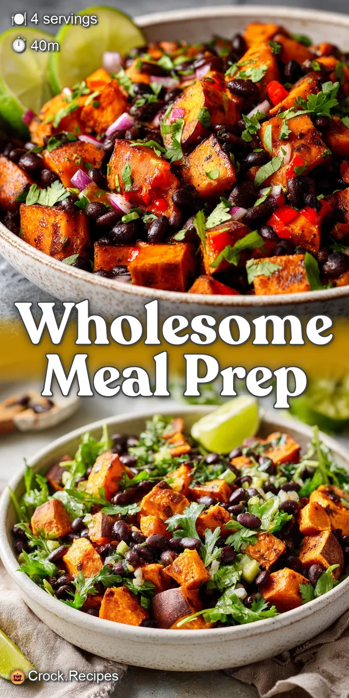 Close-up of a refreshing salad. The tender sweet potatoes and creamy black beans are glistening, garnished with fresh cila...