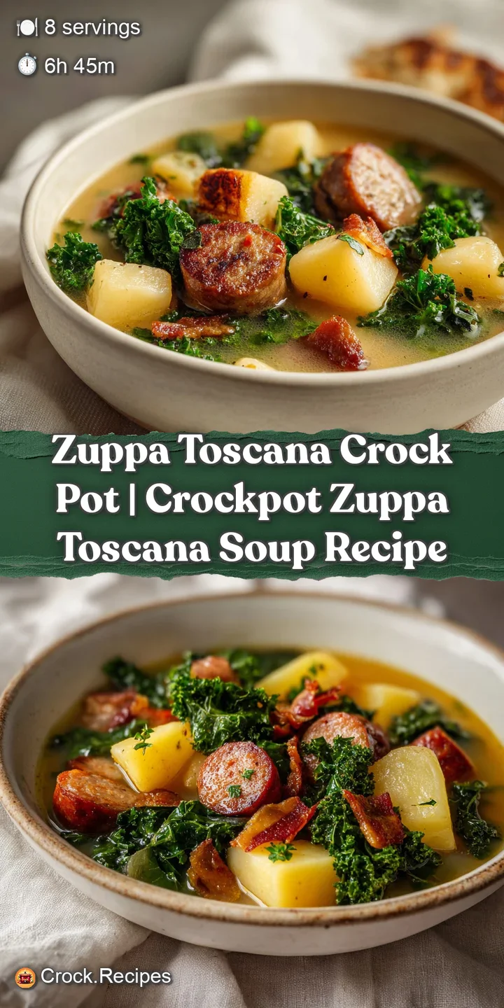 Close-up of a creamy broth filled with tender potato cubes, savory brown sausage slices, and vibrant green kale.