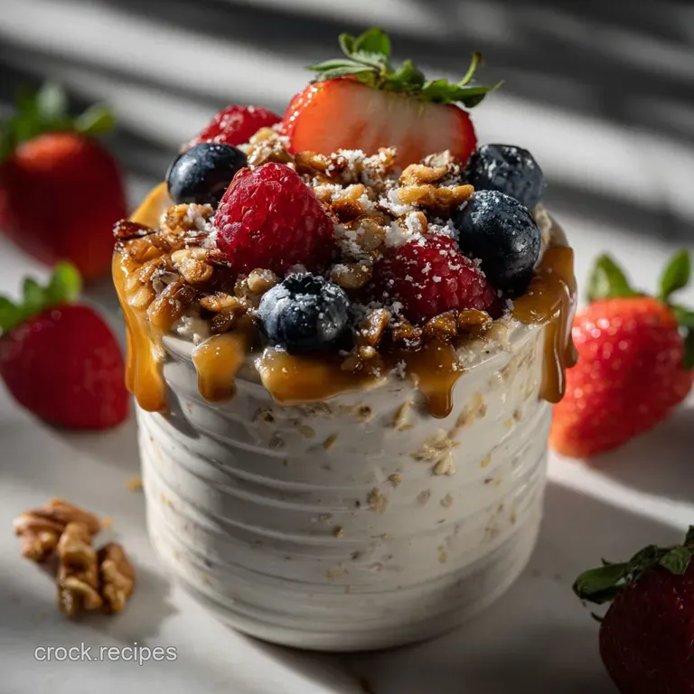 Creamy, layered overnight oats in a clear glass, topped with fresh berries, nuts, and seeds. A refreshing, cold breakfast.