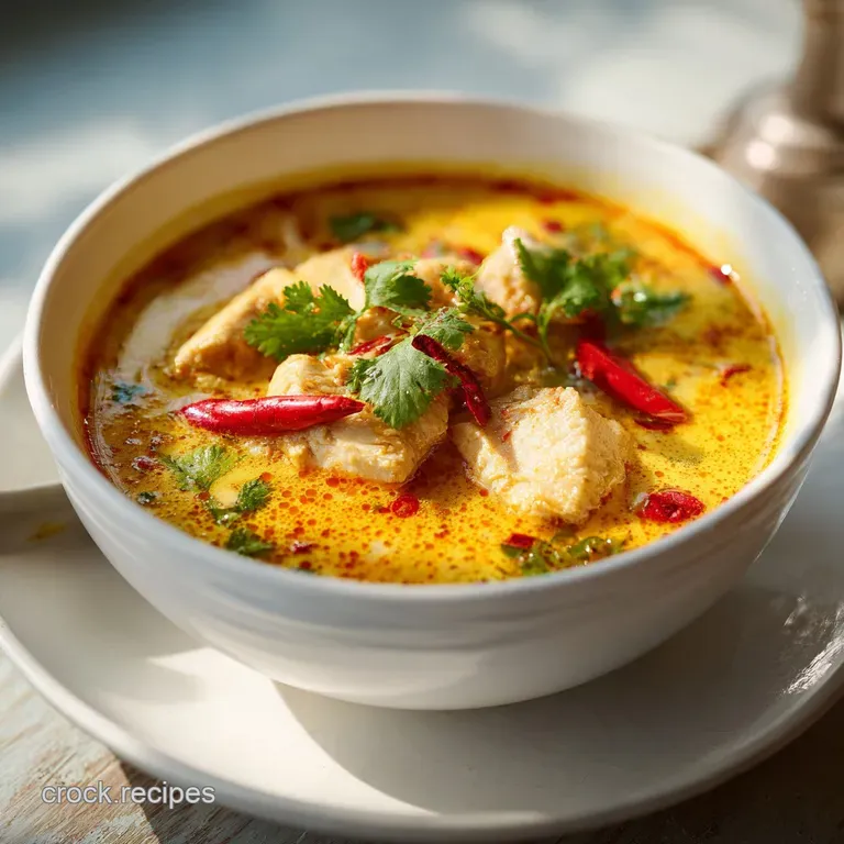 Creamy, golden Thai curry soup served in a white bowl, topped with vibrant green cilantro and a juicy lime wedge.