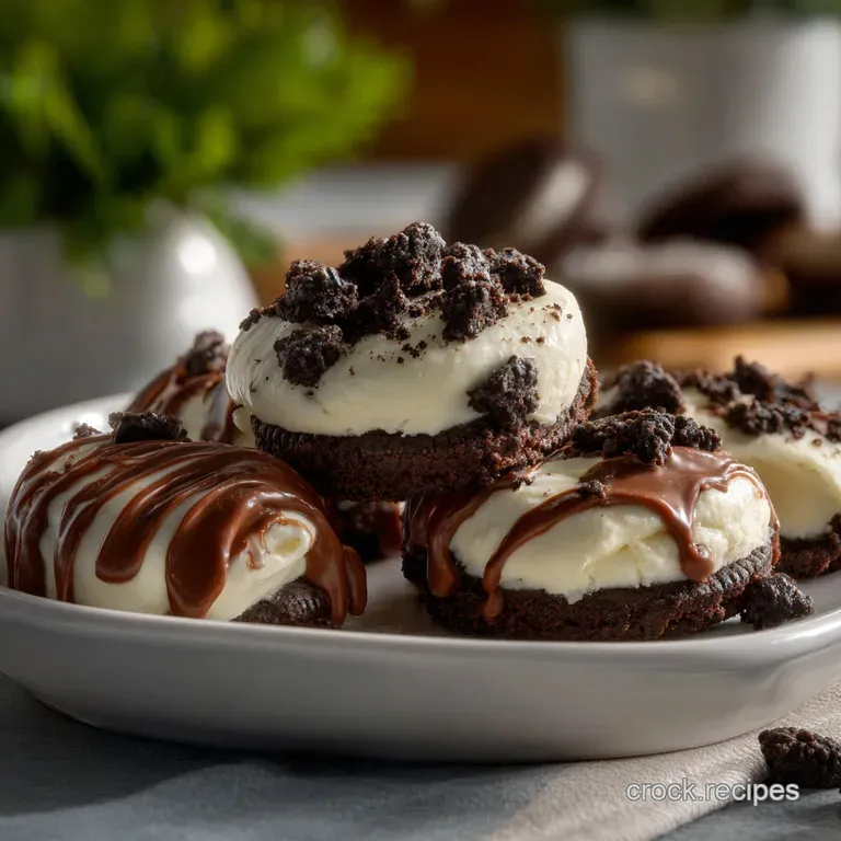 Three Oreo truffles displayed on a small silver fork against a backdrop of dark chocolate shavings. A sweet, elegant dessert.