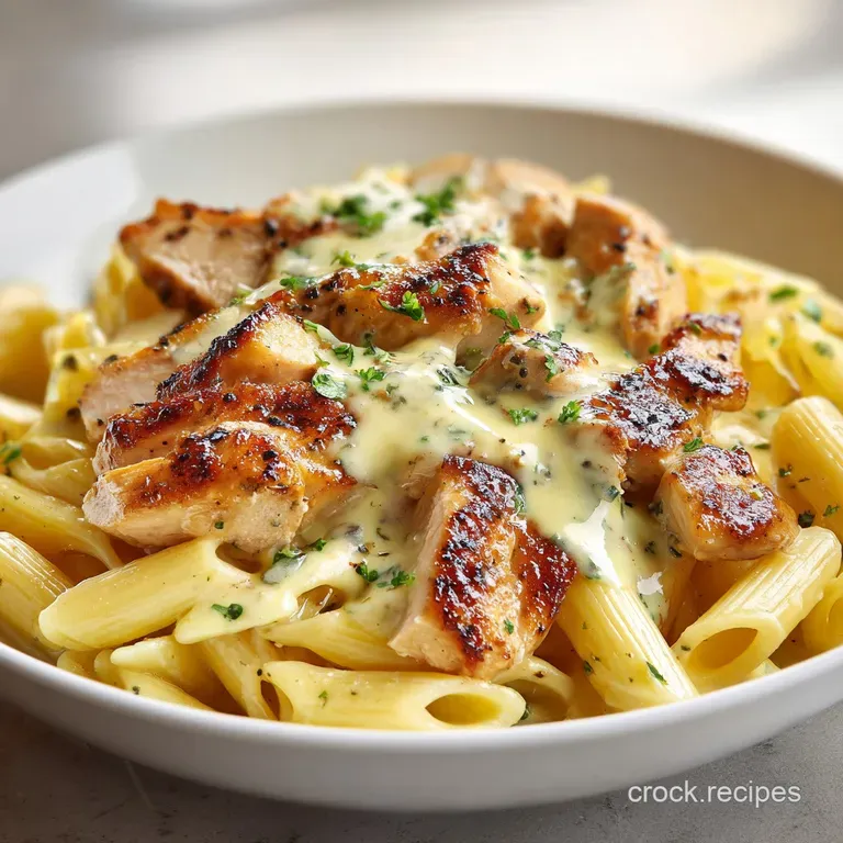Elegant white plate featuring a swirl of creamy pasta, tender golden chicken, and a dusting of parmesan cheese.