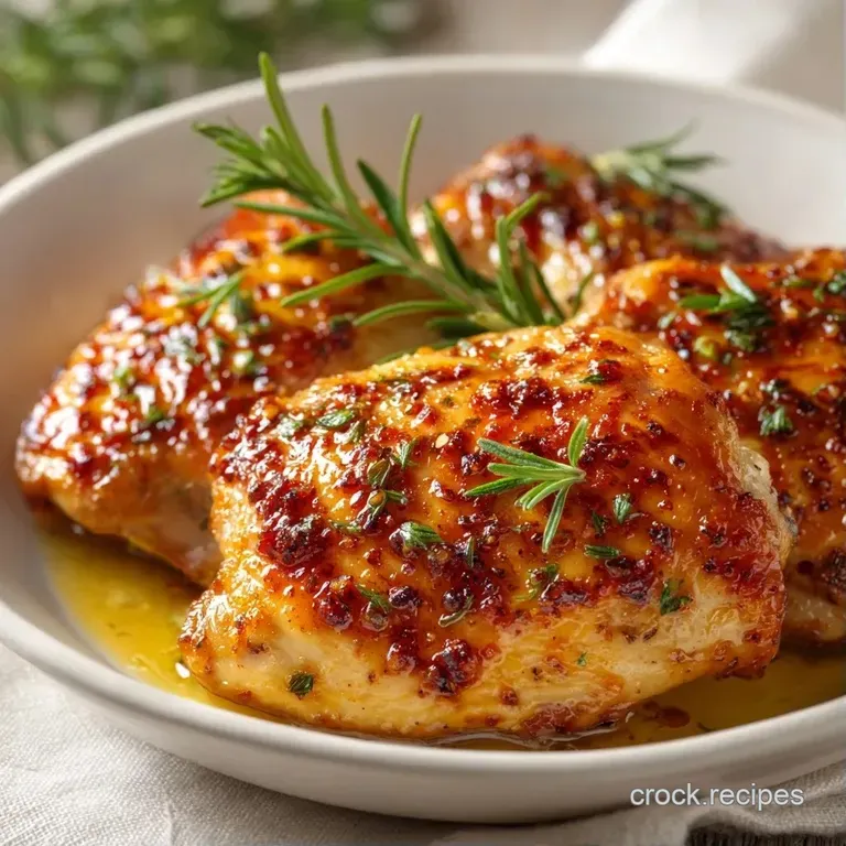 Two seared chicken thighs on a white ceramic plate, garnished with fresh parsley and a drizzle of savory pan sauce.