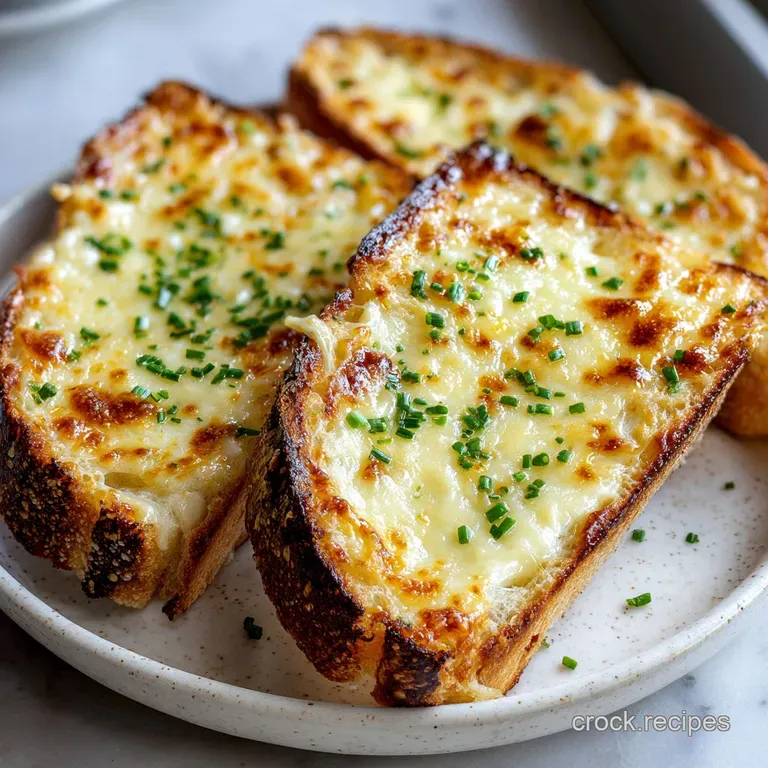 Crisp garlic bread slice, toasted golden brown with flecks of herbs, elegantly displayed on a white plate, ready to be enj...
