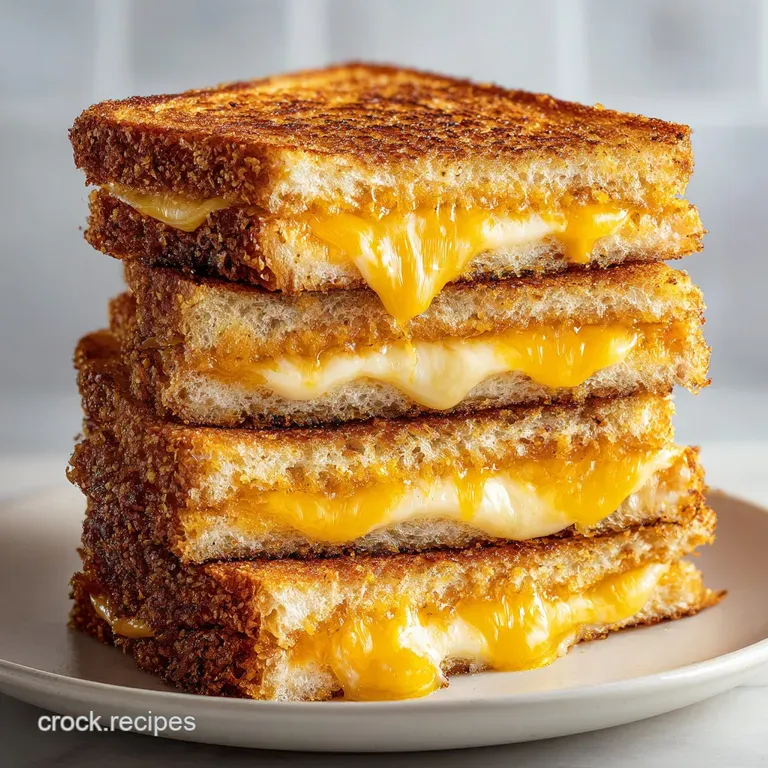 A golden-brown, air-fried grilled cheese triangle rests on a white plate with a side of bright red tomato soup for dipping.