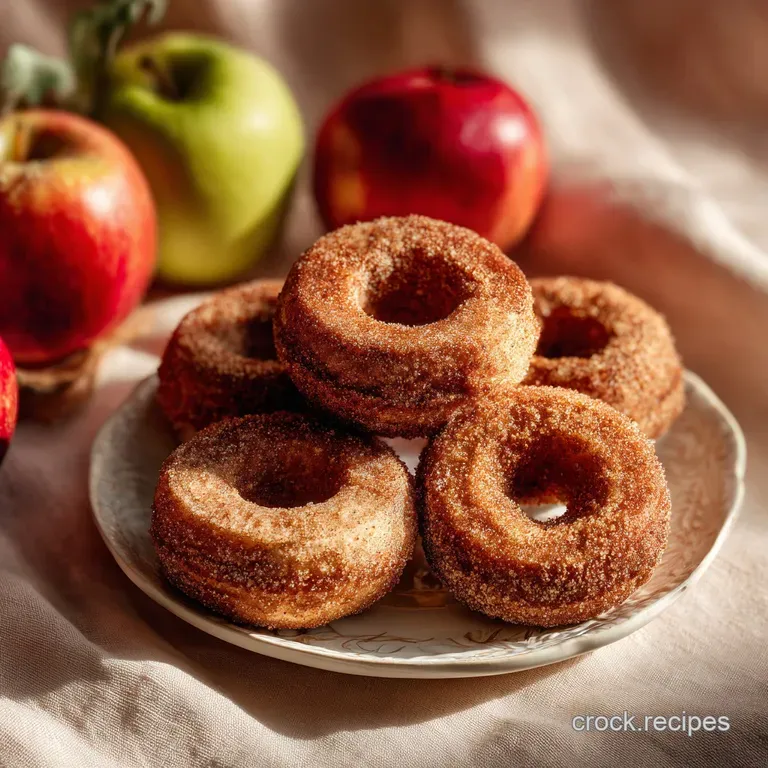Stack of warm apple cider donuts dusted with cinnamon sugar on a white plate, steam rising, inviting and delicious.