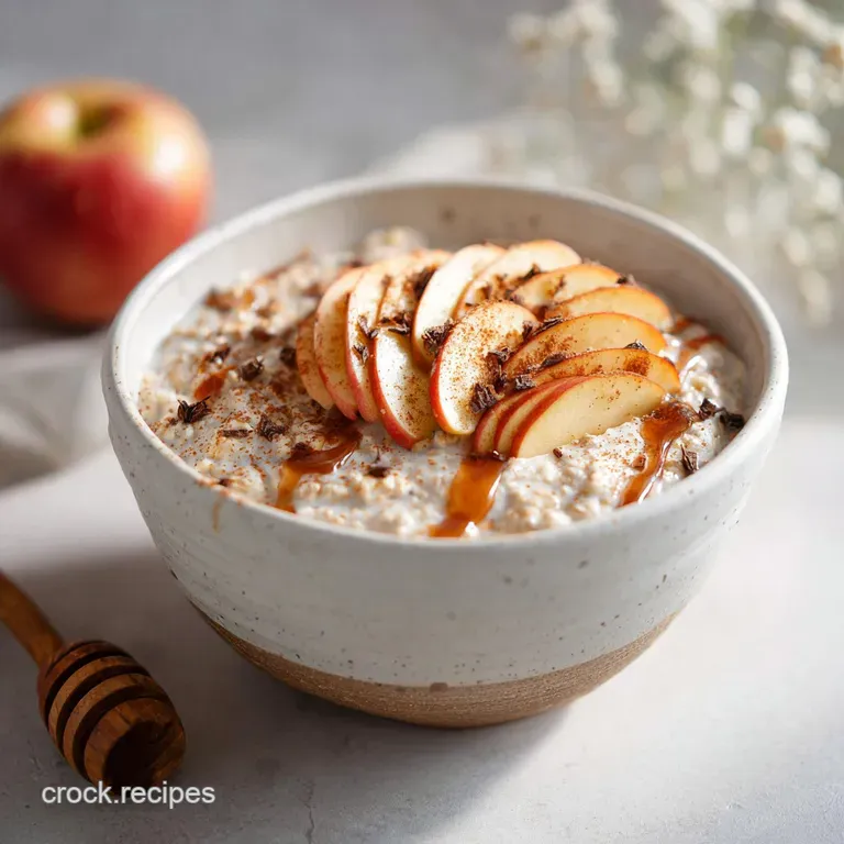 Elegant glass bowl filled with layered apple cinnamon oats, topped with sliced apples, cinnamon, and a dusting of powdered...