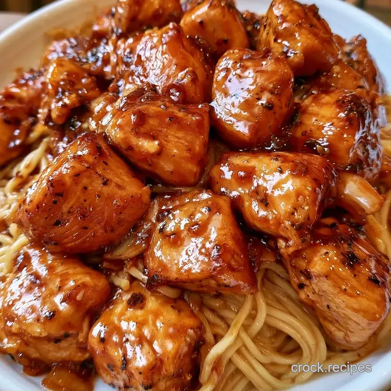 Elegantly plated glazed chicken and noodles in a minimalist white bowl, topped with sliced scallions and toasted sesame.