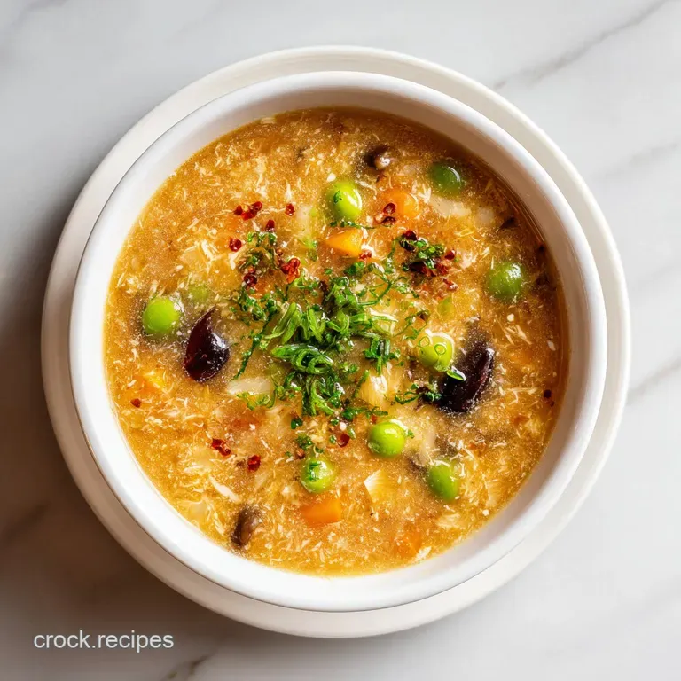 A rustic ceramic bowl of steaming hot and sour soup, showcasing silken tofu, mushrooms, and a swirl of chili oil.