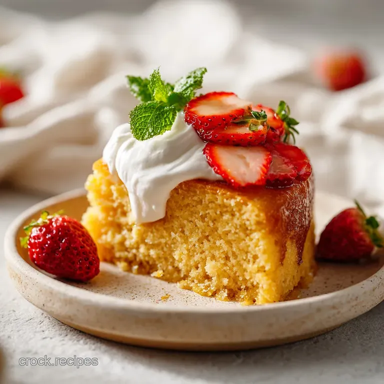 A slice of creamy Tres Leches cake adorned with vibrant red strawberries on a clean white plate.