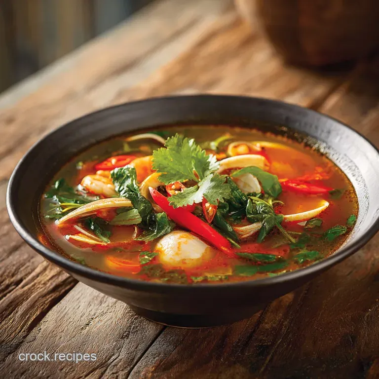 Elegant bowl of Tom Yum soup with plump shrimp and sliced mushrooms. Garnished with fresh cilantro sprigs, lime wedge, chi...