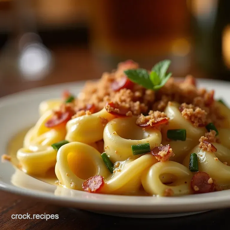 Pub Night Perfection Creamy Alfredo Tortellini Bake with Smoked Bacon Crumble presentation