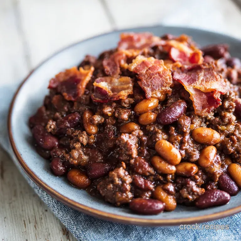 A rustic ceramic bowl filled with rich brown beans and savory meat, garnished with chopped parsley and black pepper.