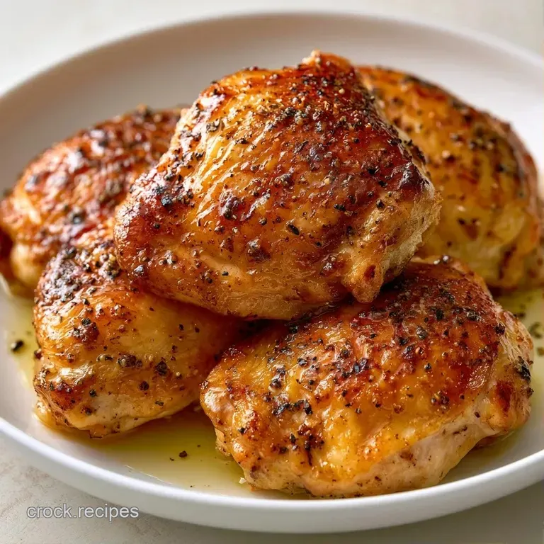 Glistening roasted chicken thighs served on a slate board with charred lemon wedges and sprigs of fresh rosemary.