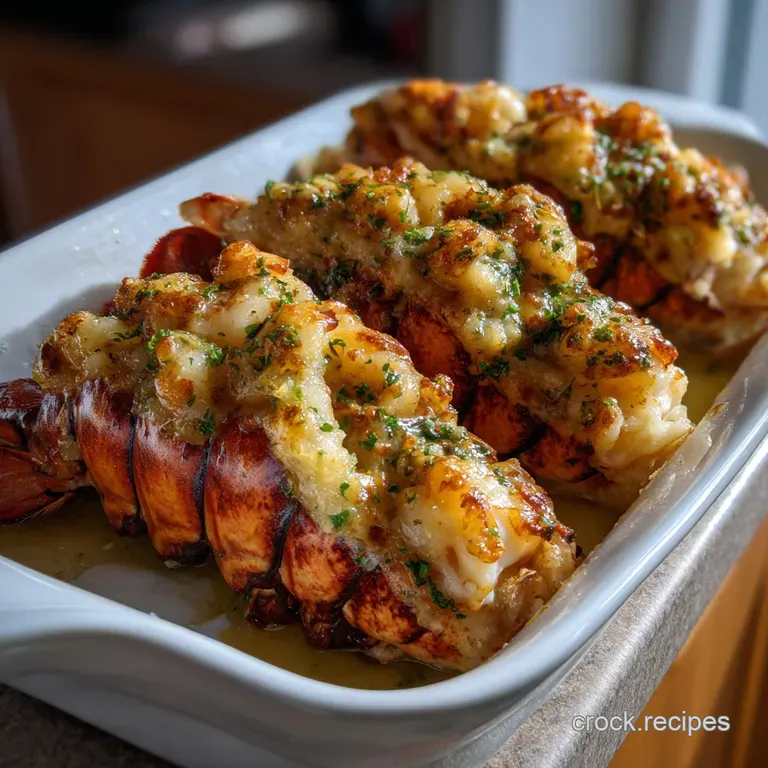 Elegant, ivory-colored plate showcasing a split lobster tail. The delicate, white meat contrasts beautifully with the warm...