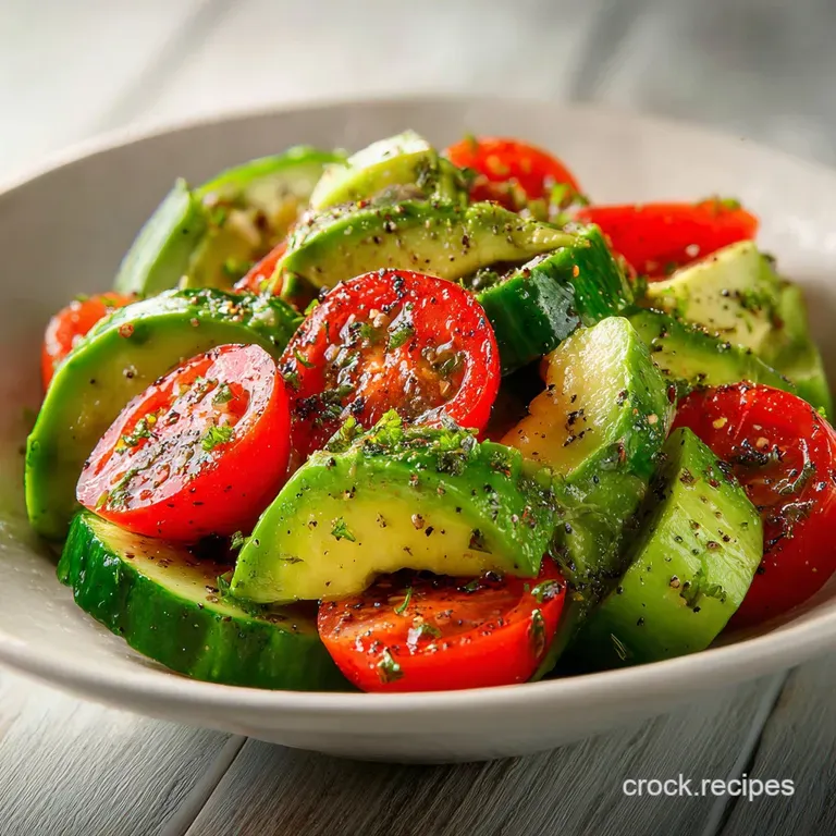 Artfully arranged salad with bright green basil leaves scattered over the avocado and tomato, glistening with oil, served ...