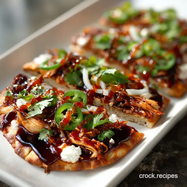 Sliced BBQ chicken flatbread on a wooden board, garnished with fresh cilantro; vibrant colors and appetizing char marks vi...