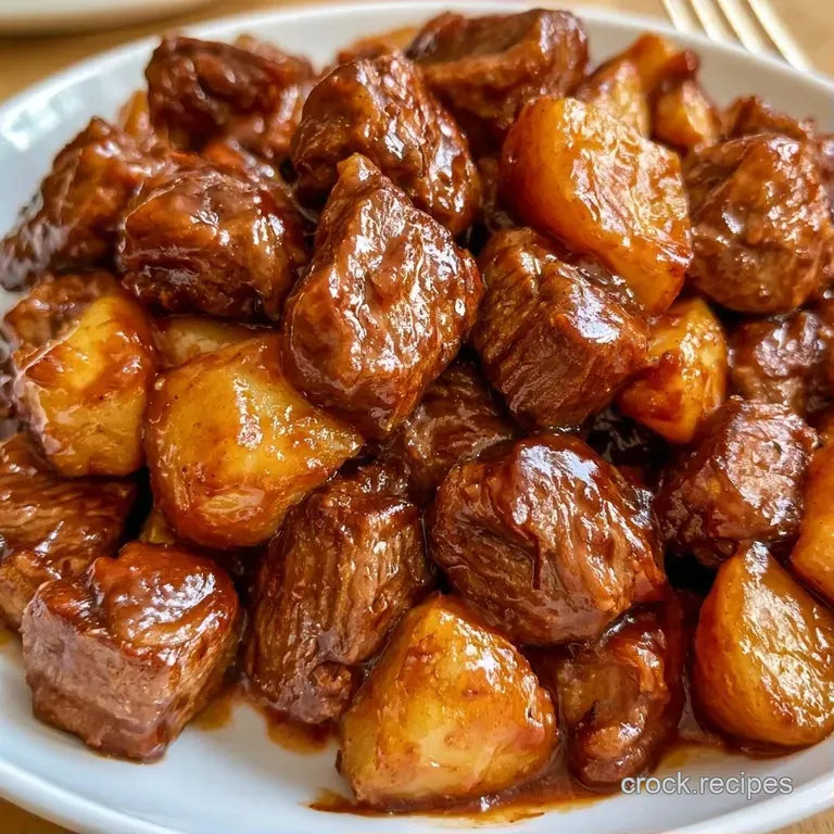 Neatly arranged charred beef cubes and roasted gold potatoes garnished with fresh parsley on a white plate.