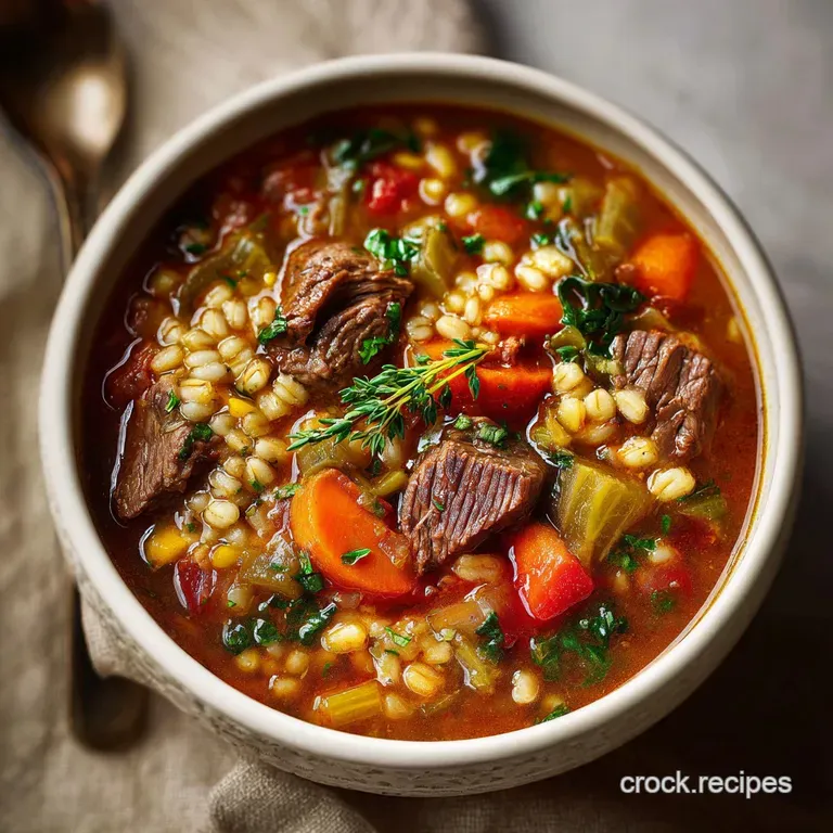 A steaming bowl of beef barley soup, garnished with fresh parsley, exudes warmth with visible steam and a comforting aroma.