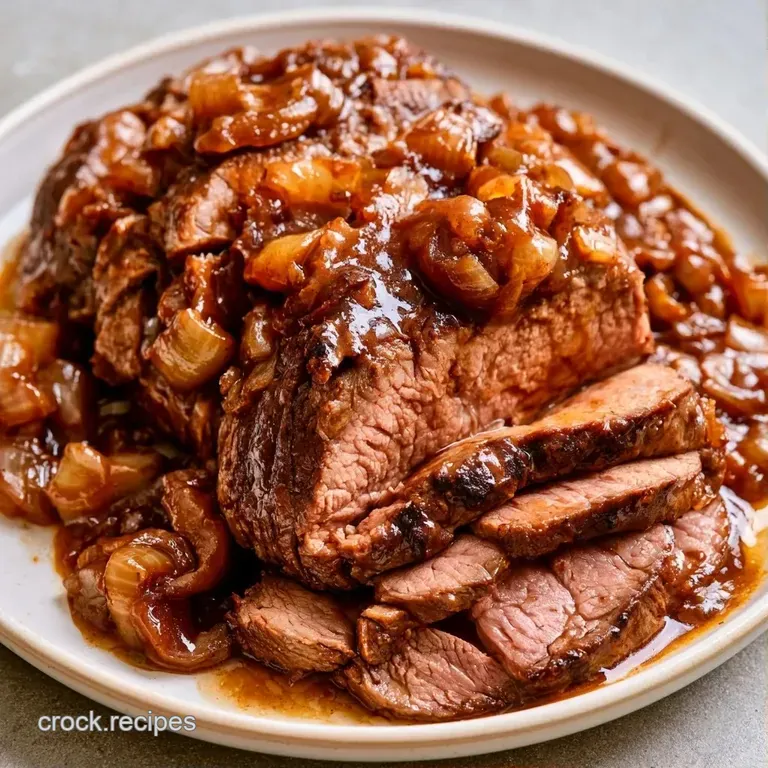 Thick slices of succulent braised beef alongside honey-glazed carrots and potatoes on a modern matte black plate.
