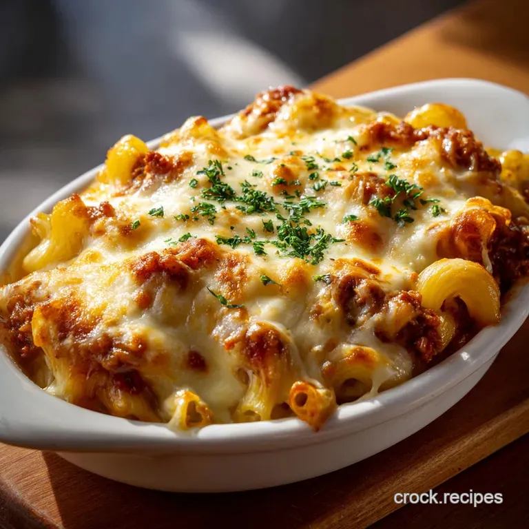 A creamy scoop of cheesy beef pasta topped with chopped fresh parsley on a modern matte black ceramic plate.
