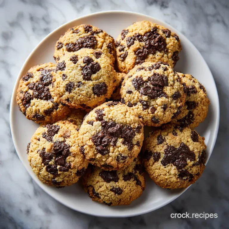 Stack of warm chocolate chip cookies on a plate; gooey chocolate and crispy edges are visible and appealing.