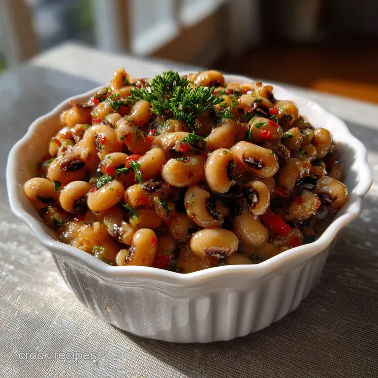 Elegant white plate showcasing a portion of glossy black-eyed peas, garnished with parsley. The creamy stew is rich and in...