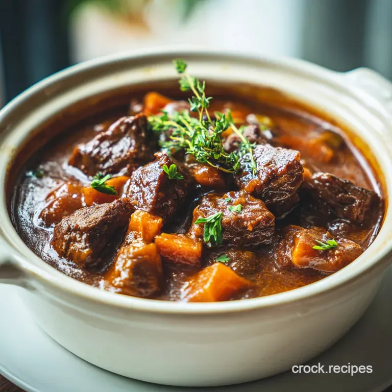A serving of tender beef stew, elegantly plated with a sprinkle of fresh parsley. Gravy glistening with savory richness, i...