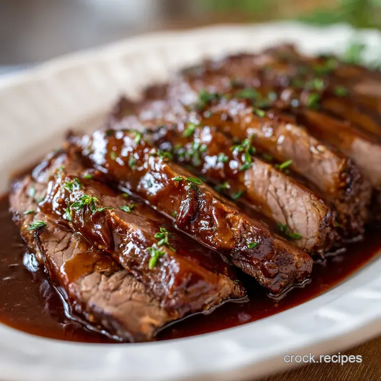 Slices of juicy, brown roast beef paired with glazed carrots and creamy mashed potatoes on a white porcelain plate.