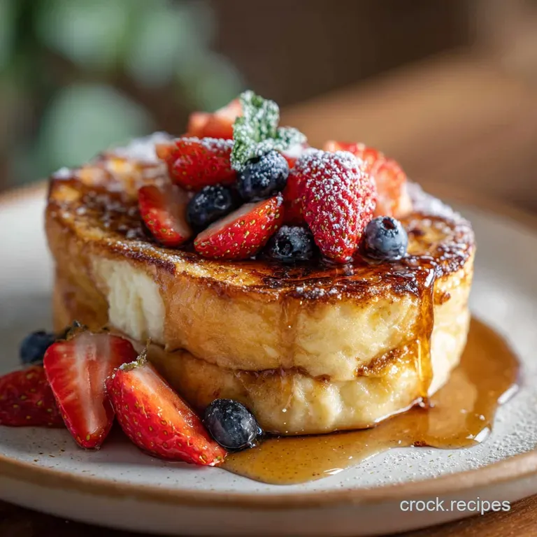 Buttery French toast triangles arranged elegantly on a plate, garnished with ripe strawberries, blueberries, and a sprig o...