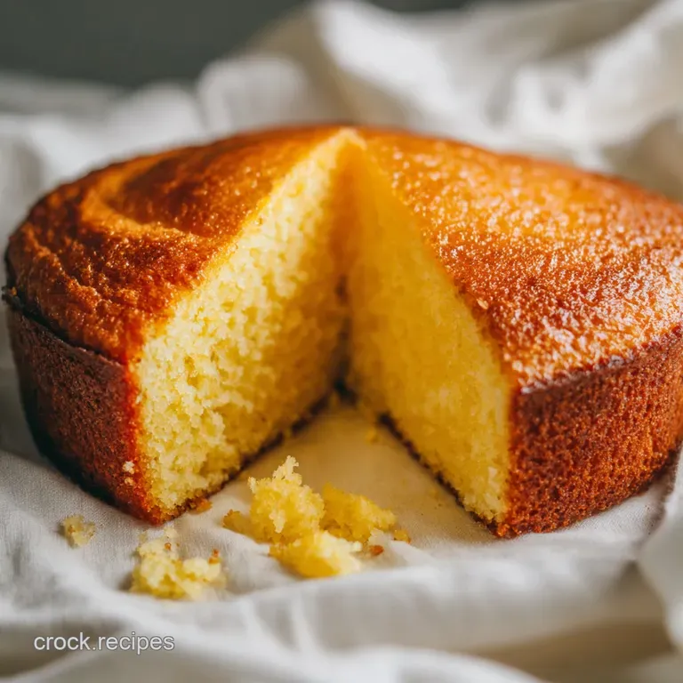 A slice of tender yellow cake with a smooth, buttery crust on a pristine white plate.