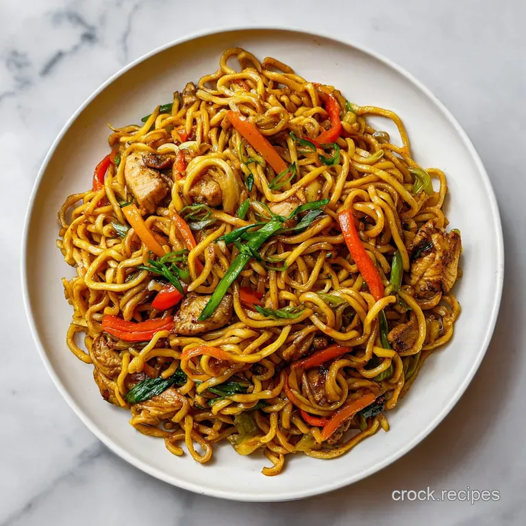 A beautifully arranged bowl of yakisoba, showcasing colorful vegetables and perfectly cooked noodles with a hint of steam.