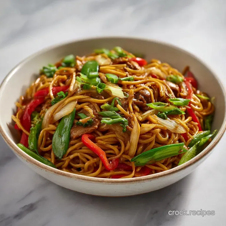 A steaming mound of lo mein noodles artfully arranged with crisp, bright vegetables and a sprinkle of sesame seeds.