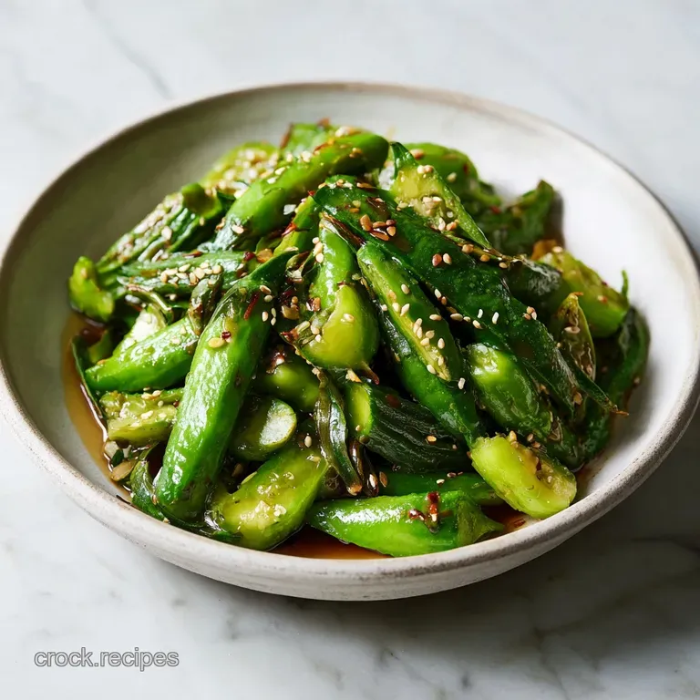 Close-up on a portion of stir-fry; jade green melon contrasts with a sprinkle of toasted sesame seeds and browned garlic c...