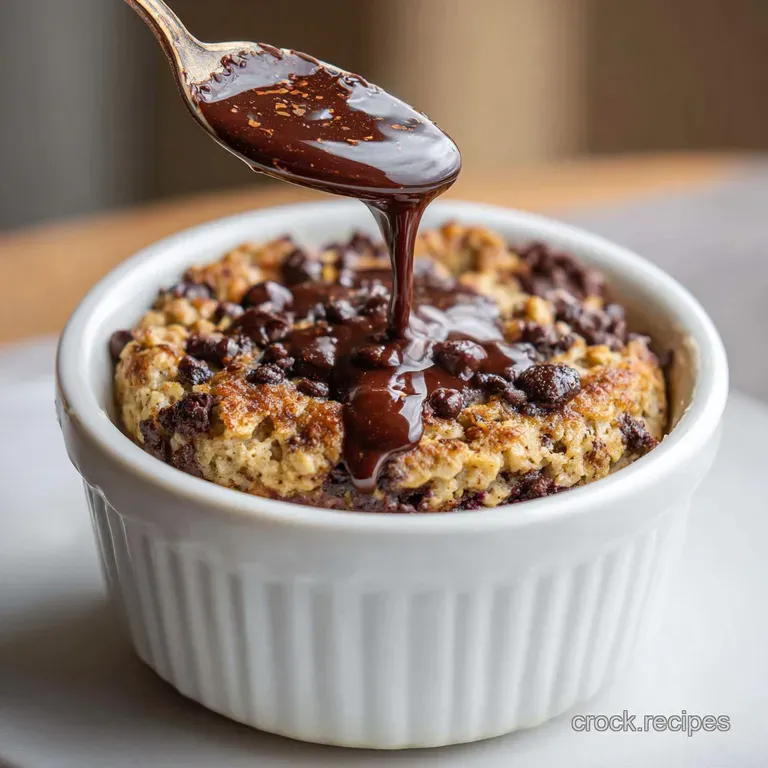 Single-serve oat cake on a plate, dotted with shiny chocolate chips and a dusting of powdered sugar.