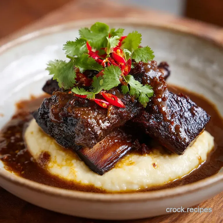 A single, tender short rib plated with vibrant greens and a spoonful of polenta, all drizzled with glistening sauce.