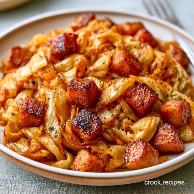Sliced turkey breast atop a bed of glistening, tender braised cabbage in a clean white ceramic bowl