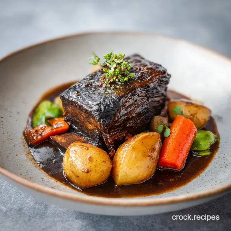Plated short ribs with a glossy sauce, served alongside vibrant green peas and creamy mashed potatoes.