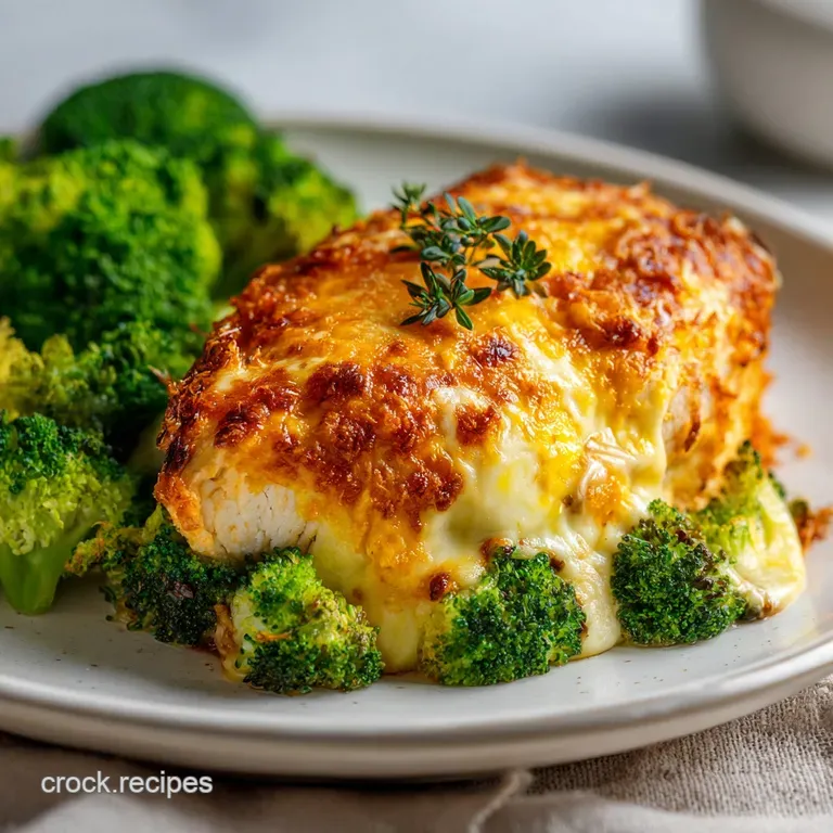 A serving of creamy chicken and green broccoli florets topped with melted cheese on a matte ceramic dinner plate.