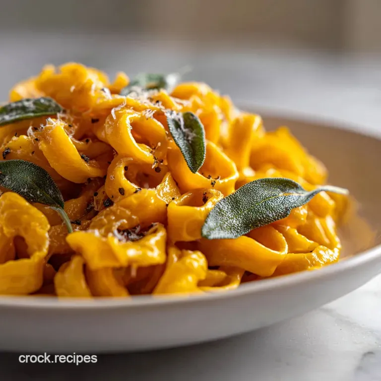 Creamy butternut squash pasta twirled into an elegant nest, garnished with fried sage and a sprinkle of parmesan, served o...