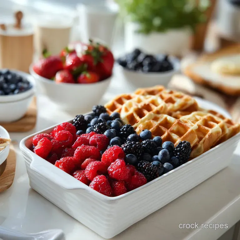 Crisp waffle quarter topped with vibrant strawberries, powdered sugar, and a delicate sprig of mint on a white plate.