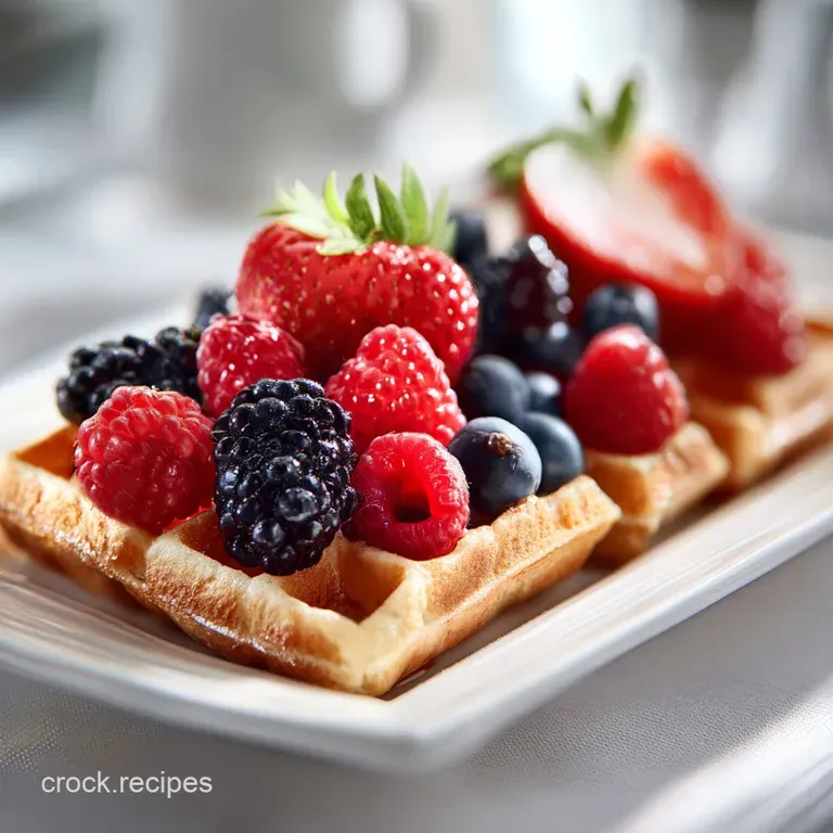 Overhead view of golden waffles, scattered fresh berries, whipped cream dollops, and drizzled maple syrup on a pink tablec...