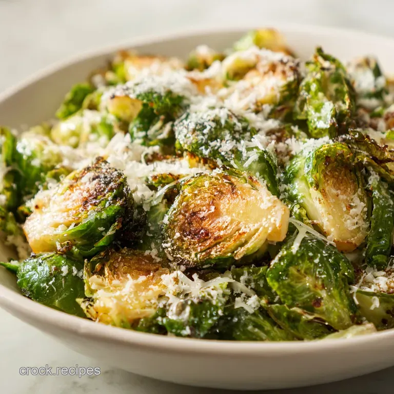 Elegant plate of Brussels sprouts Caesar salad, creamy dressing clinging to each leaf, topped with delicate Parmesan shavi...