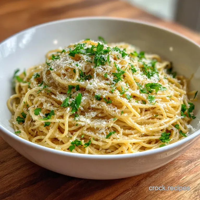 Swirl of buttery noodles piled high on a white plate, dusted with parmesan. Hints of garlic and herbs elevate this simple ...