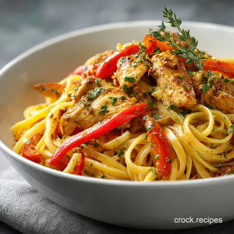 A swirl of creamy Cajun chicken pasta on a white plate, garnished with fresh herbs and bright bell pepper strips. Appetizi...